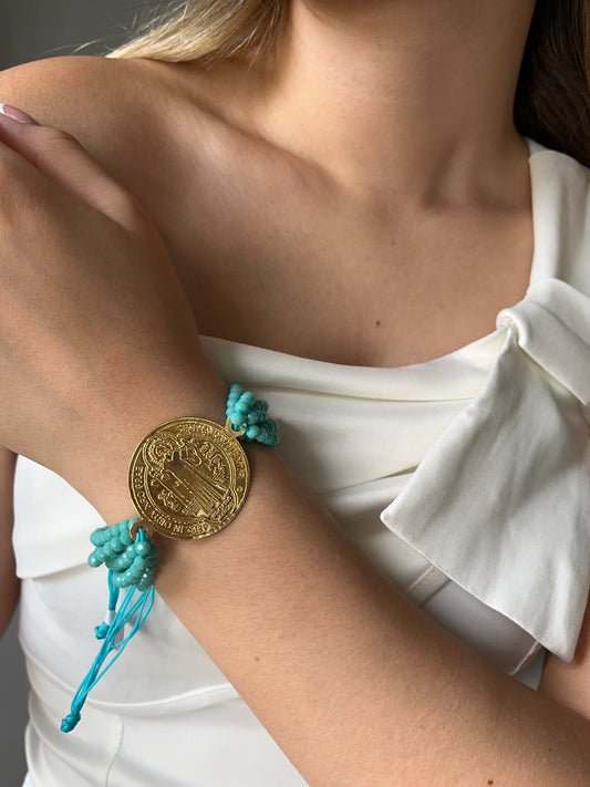 Pulsera religiosa con dije en broce de 24KL