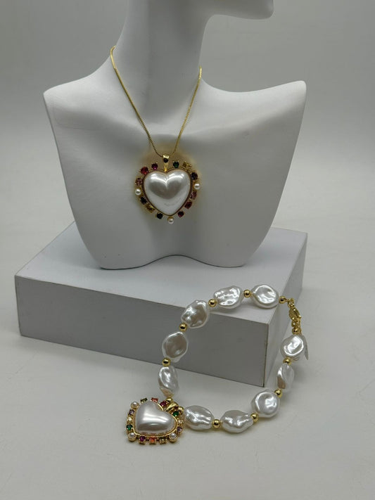 Set Dije de corazon y Pulsera con Perla Rodinado